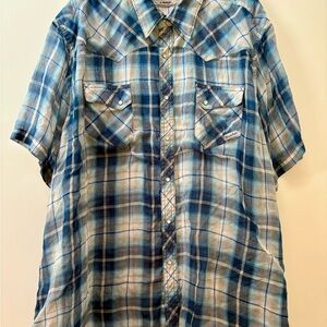 Big Man Wrancher by Wrangler Blue/Tan Plaid Western Pearl Snap SS Shirt Size 3X